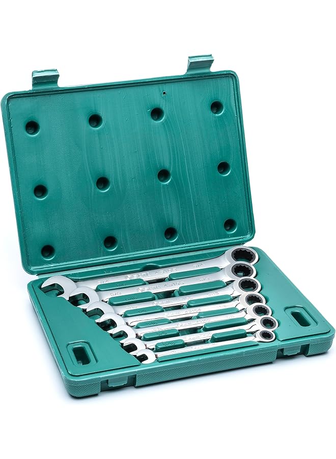 Sata 7 Piece Sae Full Polished Chrome Ratcheting Wrench Set With Blow Molded Tray 12 Point 5 16 3 8 7 16 1 2 9 16 5 8 3 4 Inch St09023Sj - Image 1