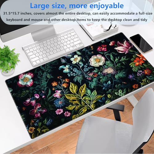 Shalysong Dark Floral Mouse Pad XL Gaming Mouse Pads Floral Desk Mat for Desk Extra Large Computer Pad 31.5 x 15.7 in Pretty Colorful Flower Design Keyboard Mouse mat for Desk Decor - Image 2