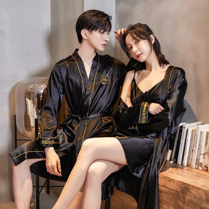 Wedding Couple Nightgown Nightdress Ice Silk Wedding Red Wedding Men And Women Long Sleeve Bathrobe Silk - Image 1