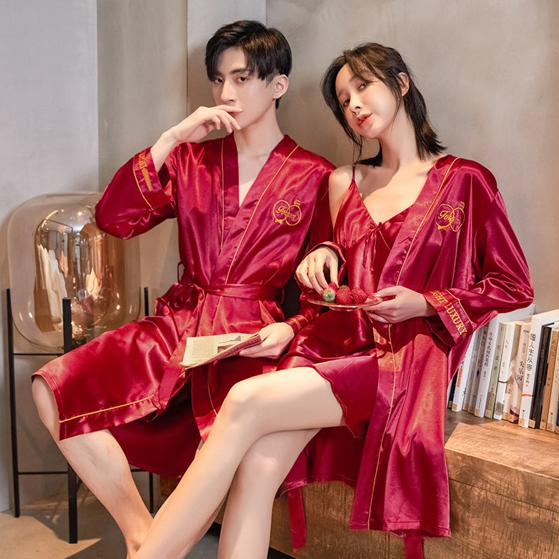 Wedding Couple Nightgown Nightdress Ice Silk Wedding Red Wedding Men And Women Long Sleeve Bathrobe Silk - Image 4