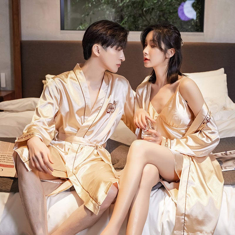 Wedding Couple Nightgown Nightdress Ice Silk Wedding Red Wedding Men And Women Long Sleeve Bathrobe Silk - Image 2