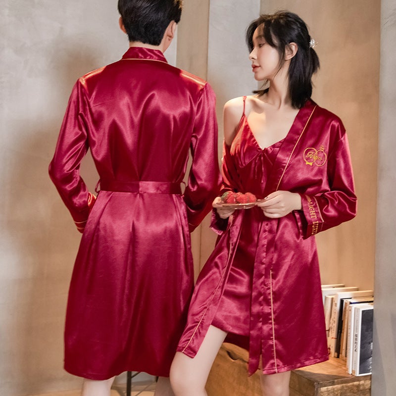 Wedding Couple Nightgown Nightdress Ice Silk Wedding Red Wedding Men And Women Long Sleeve Bathrobe Silk - Image 5