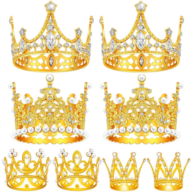 FFNIU Gold Crown Cake Topper 8Pcs Gold Mini Crowns for Flower Arrangements and Crafts Small Tiara Cake Topper for Wedding and Birthday Party Cake - Image 3