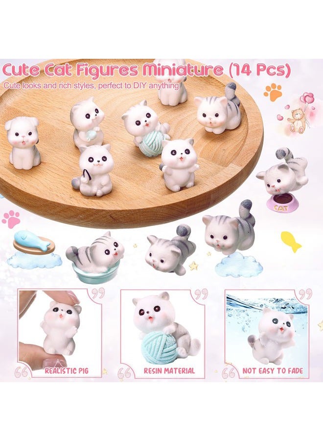 Roowest 14 Pcs Cat Figurines Cute Miniature Figures Mini Cat Cake Toppers Moss Landscape Waterproof Resin Kitten Garden Miniature Terrarium Figurines for Garden Home Party Cake Decor Supplies (Gray) - Image 2