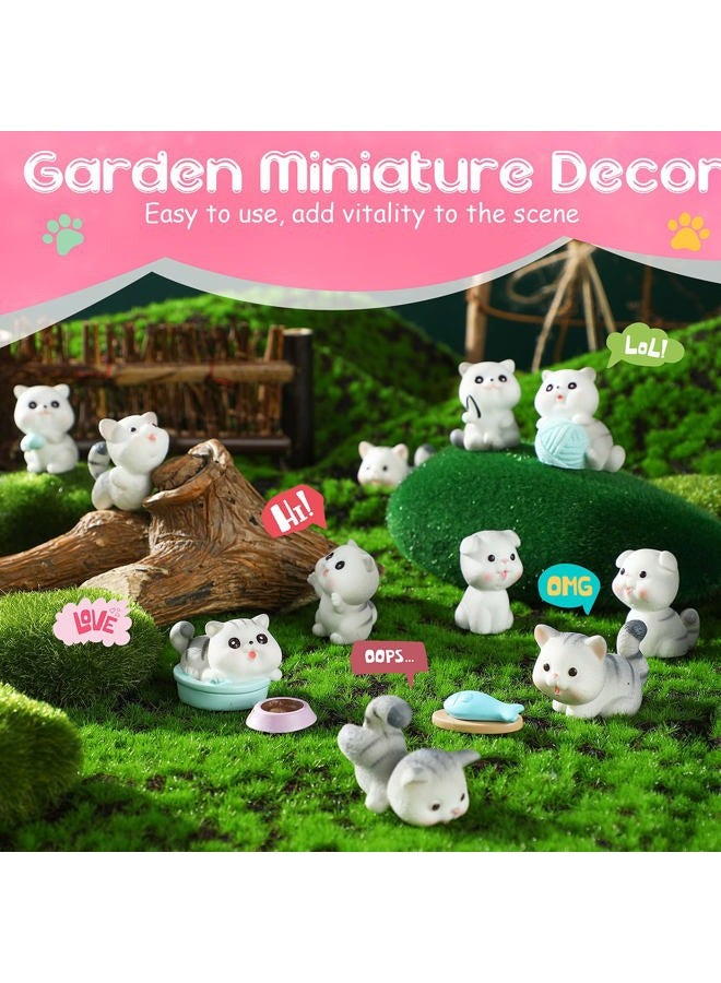 Roowest 14 Pcs Cat Figurines Cute Miniature Figures Mini Cat Cake Toppers Moss Landscape Waterproof Resin Kitten Garden Miniature Terrarium Figurines for Garden Home Party Cake Decor Supplies (Gray) - Image 4