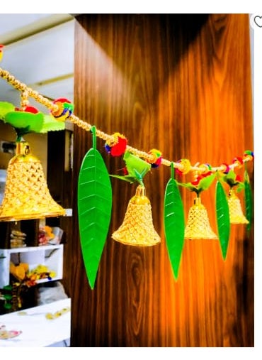 DEV POOJA STORE DEV POOJA STORE Artificial Mango Leaves Multicolour Flower Door Toran pan Toran with Big Bell Design Doorway Beautifull Traditional Bandhanwar Green  - Image 4