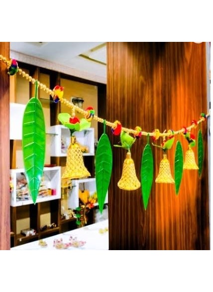 DEV POOJA STORE DEV POOJA STORE Artificial Mango Leaves Multicolour Flower Door Toran pan Toran with Big Bell Design Doorway Beautifull Traditional Bandhanwar Green  - Image 3