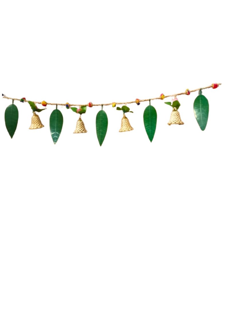DEV POOJA STORE DEV POOJA STORE Artificial Mango Leaves Multicolour Flower Door Toran pan Toran with Big Bell Design Doorway Beautifull Traditional Bandhanwar Green  - Image 1