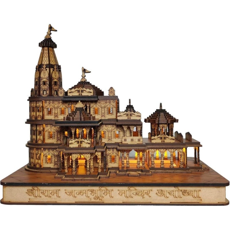 Rousrie Shree Ram Mandir Ayodhya Model, Exclusive 3D Wooden Janmabhoomi Temple, Designed and Made by Indian Craftmen, Best for Home and Car Decor (with LED Light) - Image 1