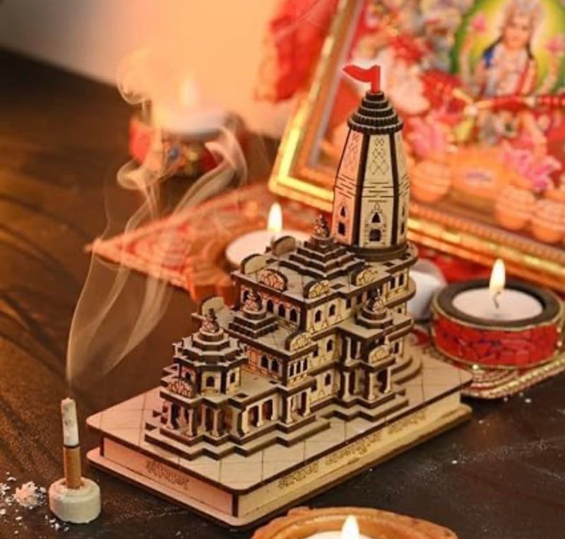 Rousrie Shree Ram Mandir Ayodhya Model, Exclusive 3D Wooden Janmabhoomi Temple, Designed and Made by Indian Craftmen, Best for Home and Car Decor (with LED Light) - Image 4