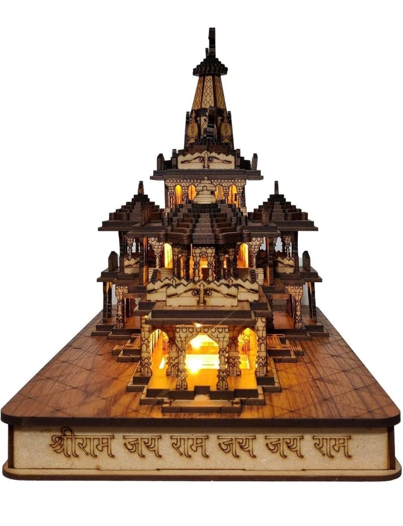 Rousrie Shree Ram Mandir Ayodhya Model, Exclusive 3D Wooden Janmabhoomi Temple, Designed and Made by Indian Craftmen, Best for Home and Car Decor (with LED Light) - Image 3