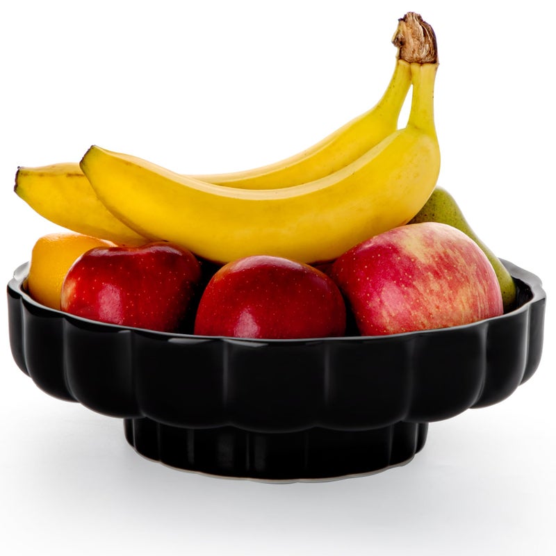 Nucookery Ceramic Petal Fruit Bowl for Kitchen Counter, 11 Inch Modern Decorative Bowl, Elegant Fruit & Vegetable Storage Container, Large Bread Basket, Black - Image 1