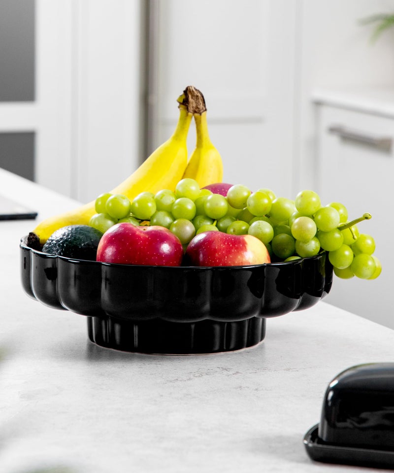 Nucookery Ceramic Petal Fruit Bowl for Kitchen Counter, 11 Inch Modern Decorative Bowl, Elegant Fruit & Vegetable Storage Container, Large Bread Basket, Black - Image 3