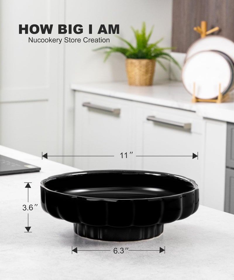 Nucookery Ceramic Petal Fruit Bowl for Kitchen Counter, 11 Inch Modern Decorative Bowl, Elegant Fruit & Vegetable Storage Container, Large Bread Basket, Black - Image 2