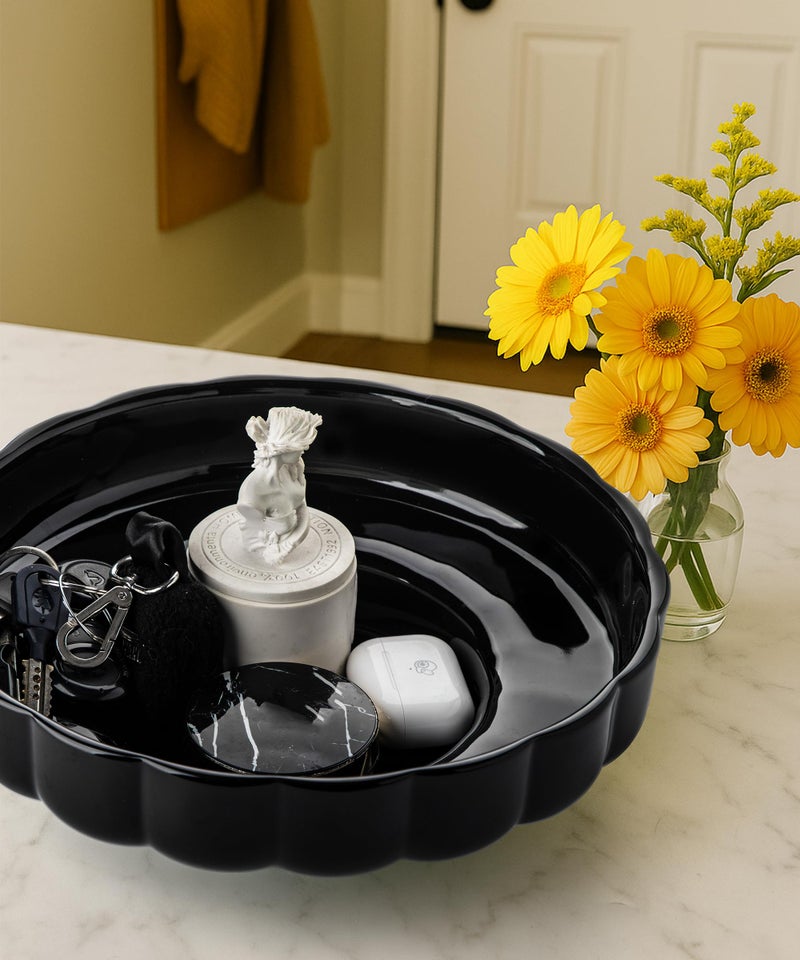 Nucookery Ceramic Petal Fruit Bowl for Kitchen Counter, 11 Inch Modern Decorative Bowl, Elegant Fruit & Vegetable Storage Container, Large Bread Basket, Black - Image 4