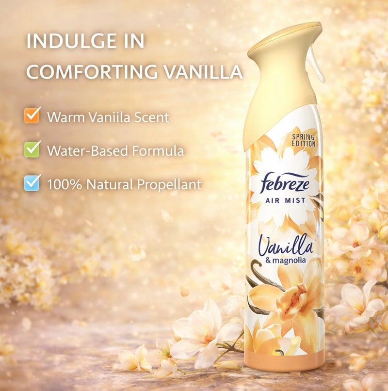 Febreze Air Mist Vanilla & Magnolia 185ml Air Freshener Spray, Long Lasting Sweet Floral Fragrance, Odor Eliminator Spray, Water Based Formula, Natural Propellant Home Bathroom Bedroom Office Freshener - Image 3