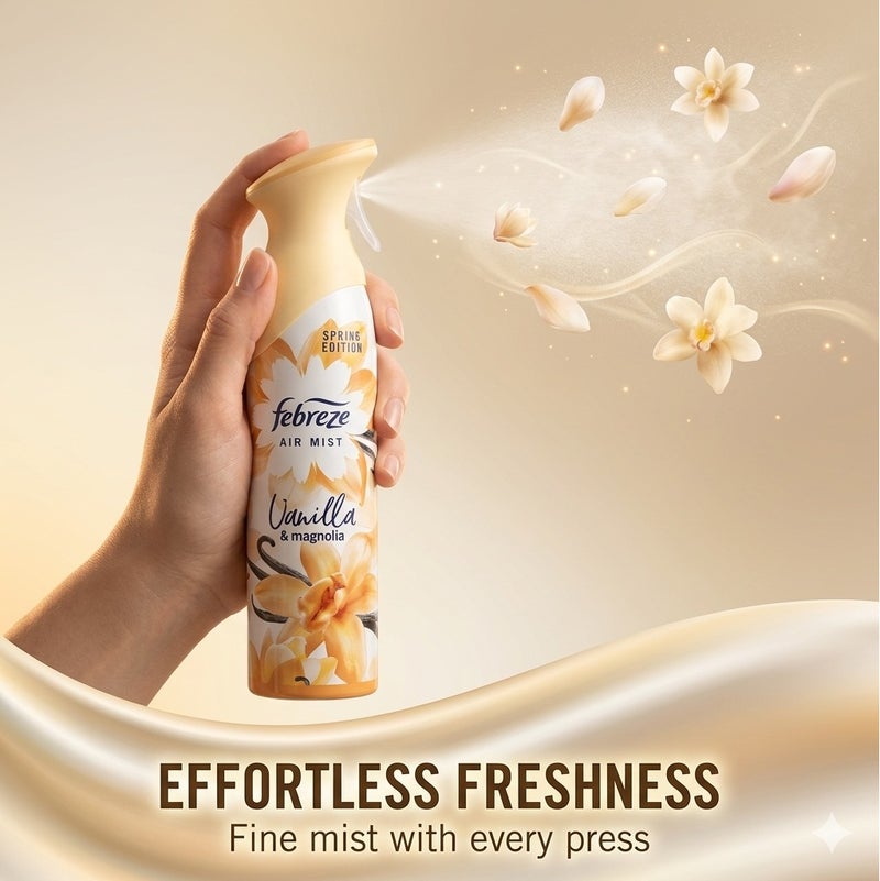 Febreze Air Mist Vanilla & Magnolia 185ml Air Freshener Spray, Long Lasting Sweet Floral Fragrance, Odor Eliminator Spray, Water Based Formula, Natural Propellant Home Bathroom Bedroom Office Freshener - Image 4