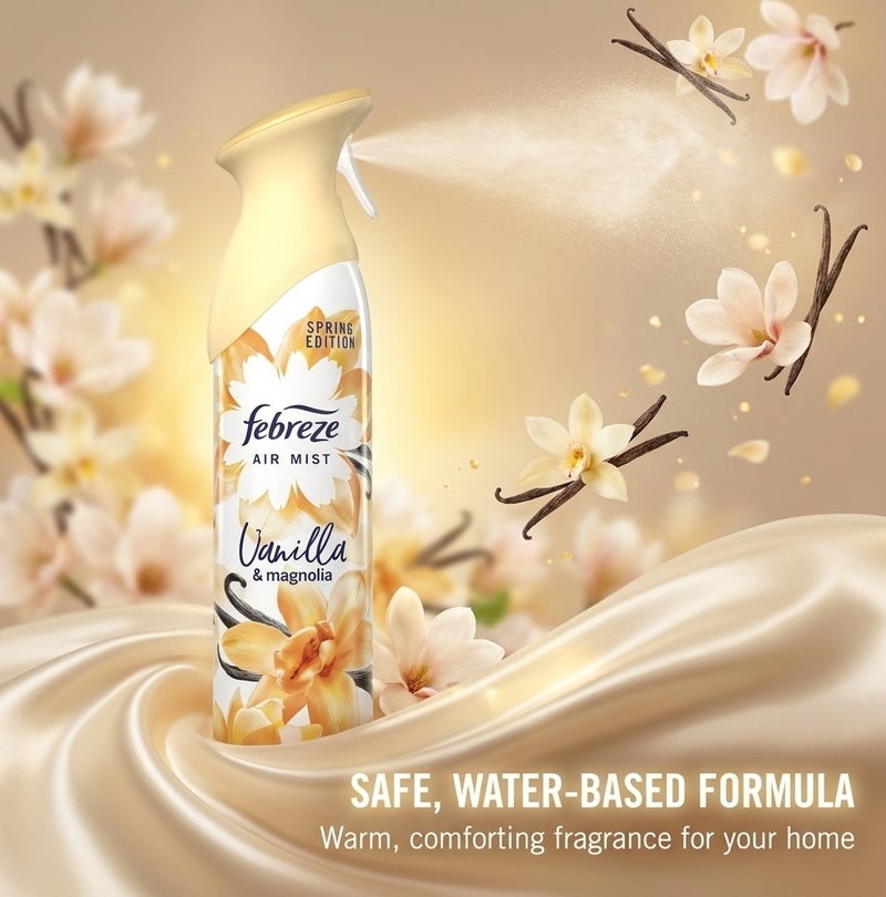 Febreze Air Mist Vanilla & Magnolia 185ml Air Freshener Spray, Long Lasting Sweet Floral Fragrance, Odor Eliminator Spray, Water Based Formula, Natural Propellant Home Bathroom Bedroom Office Freshener - Image 5
