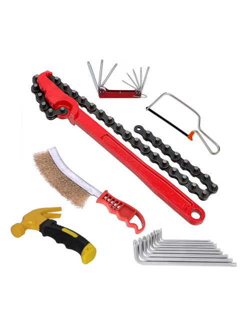 Digital Craft 6 Item Combo 9Inch Chain Type Oil Filter Auto Tool Box Spanner Fuel Wrench Removal Tools With Chain wrench Hand Brush Mini Hammer Mini Hack Saw Trox Allen key Set Folding Trox Allen Key