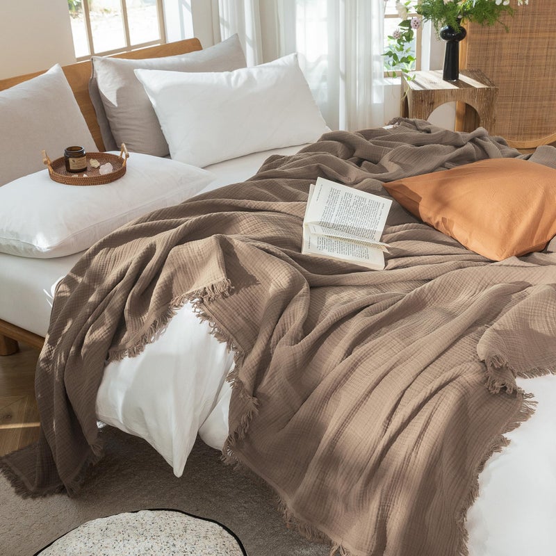 MooMee Muslin Blanket - 100% Cotton 4-Layer Gauze Throw Blanket with Tassels Ultra-Soft Breathable Lightweight Cooling for Bed Couch (Brown, Queen 90" x 90") - Image 4
