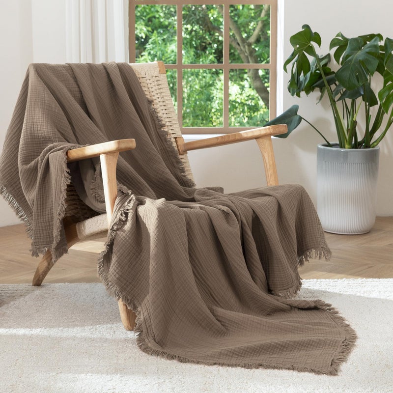 MooMee Muslin Blanket - 100% Cotton 4-Layer Gauze Throw Blanket with Tassels Ultra-Soft Breathable Lightweight Cooling for Bed Couch (Brown, Queen 90" x 90") - Image 1