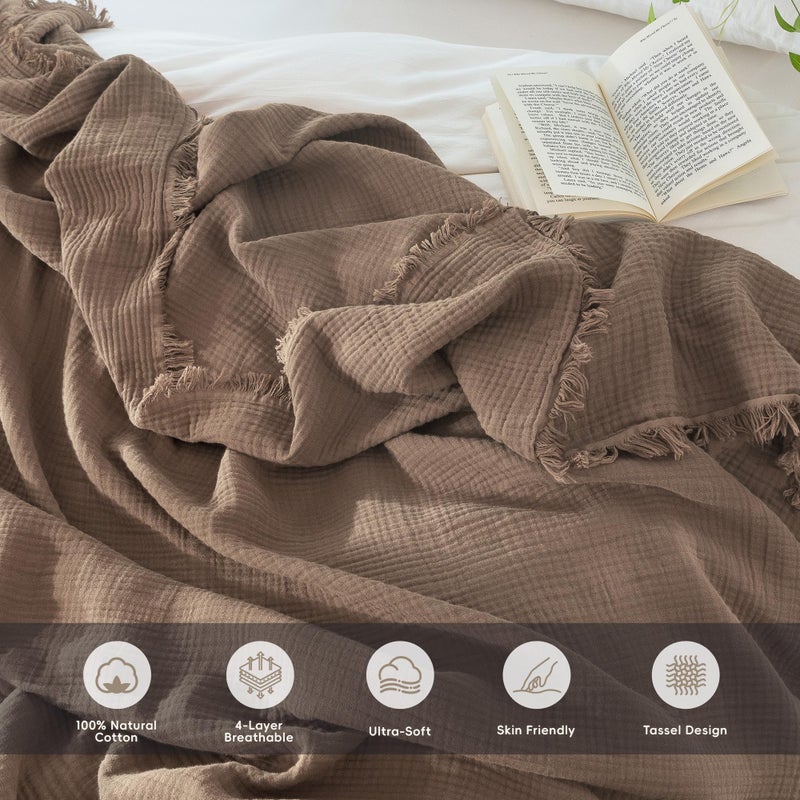 MooMee Muslin Blanket - 100% Cotton 4-Layer Gauze Throw Blanket with Tassels Ultra-Soft Breathable Lightweight Cooling for Bed Couch (Brown, Queen 90" x 90") - Image 3
