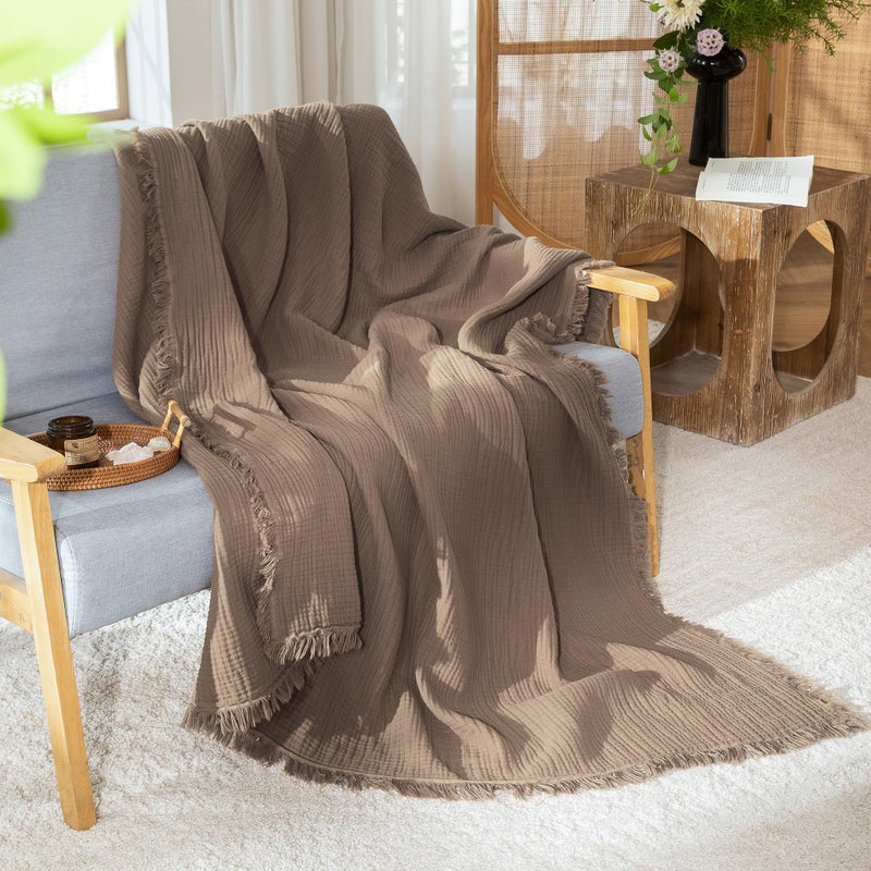 MooMee Muslin Blanket - 100% Cotton 4-Layer Gauze Throw Blanket with Tassels Ultra-Soft Breathable Lightweight Cooling for Bed Couch (Brown, Queen 90" x 90") - Image 2