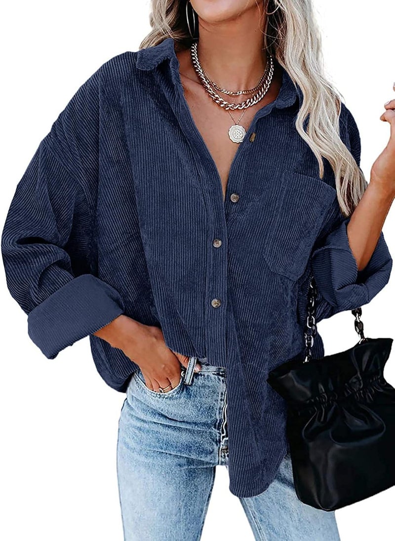 klarako Womens Corduroy Shirt Oversized Button Down Blouse Long Sleeve Shacket Lapel Collar Shirts for Women - Image 1