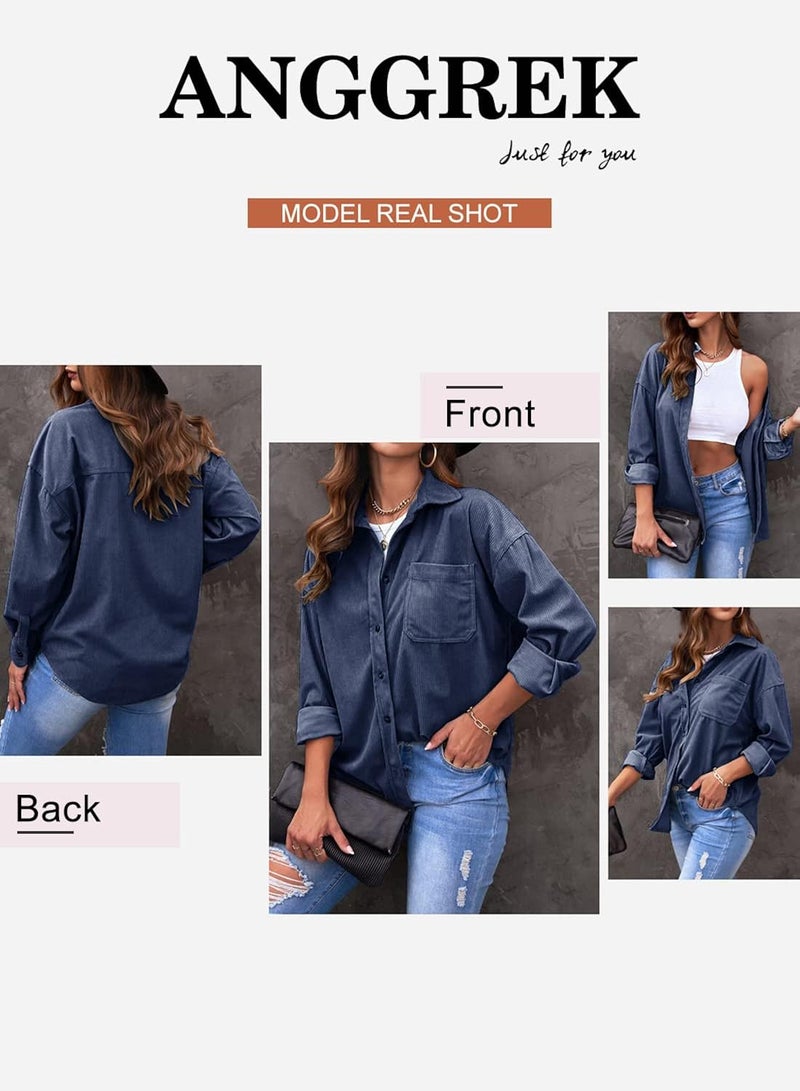 klarako Womens Corduroy Shirt Oversized Button Down Blouse Long Sleeve Shacket Lapel Collar Shirts for Women - Image 4