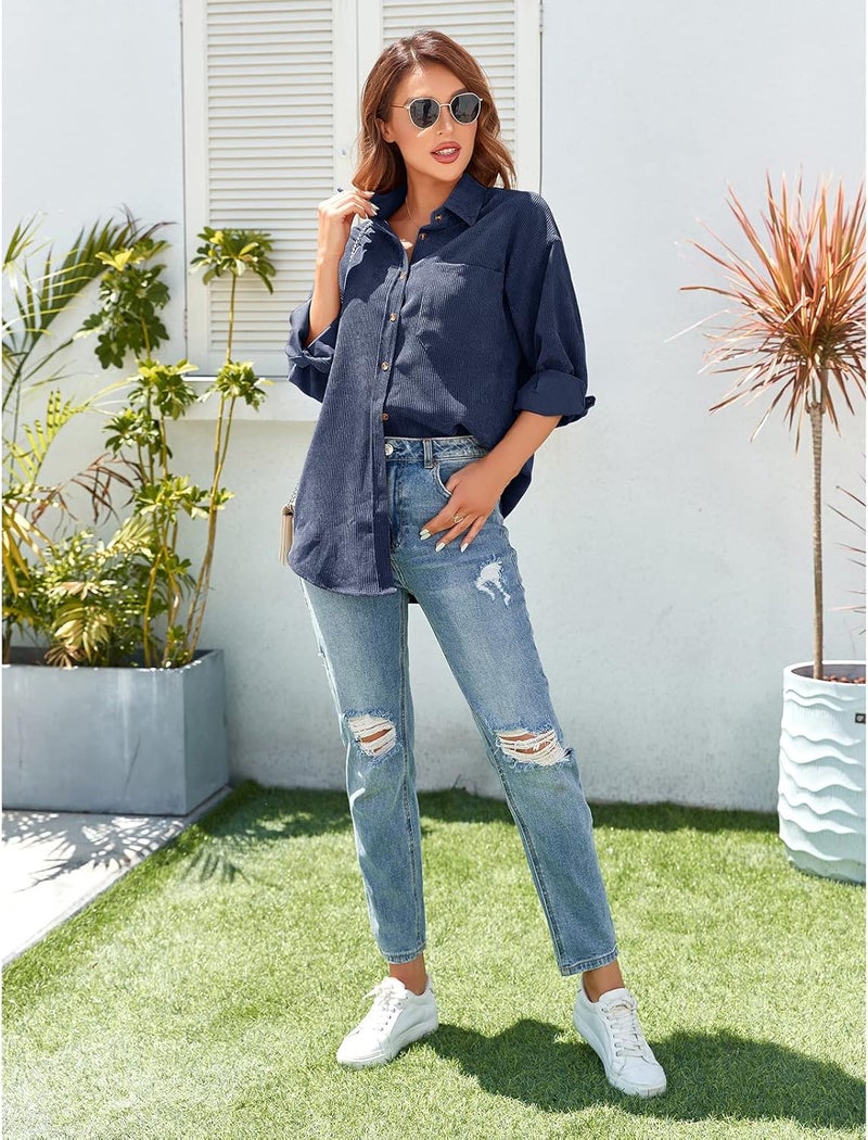 klarako Womens Corduroy Shirt Oversized Button Down Blouse Long Sleeve Shacket Lapel Collar Shirts for Women - Image 3