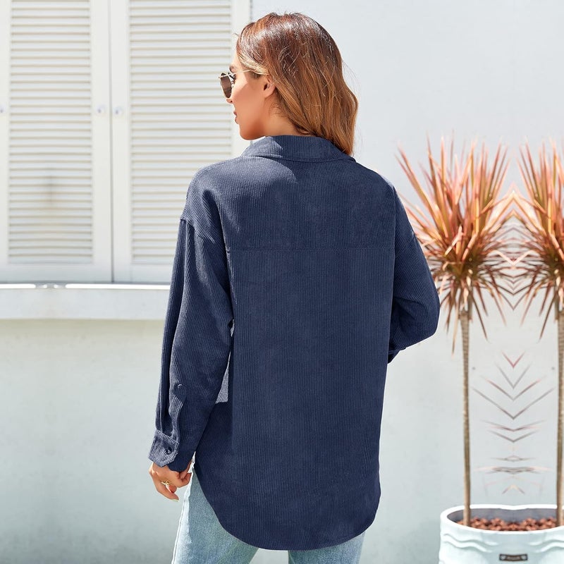 klarako Womens Corduroy Shirt Oversized Button Down Blouse Long Sleeve Shacket Lapel Collar Shirts for Women - Image 2