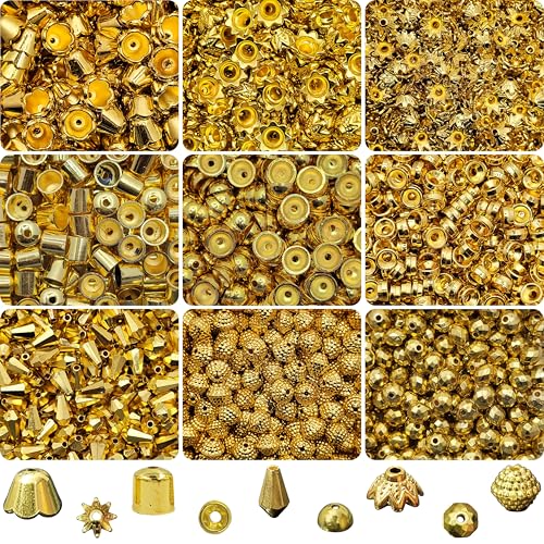 INDIKONB Gold Beads and Caps Combo Set | Golden Plated Beads for Jewellery, Aari Work, Rakhi, and Embroidery Making - Image 1