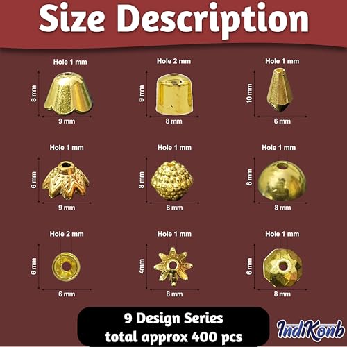 INDIKONB Gold Beads and Caps Combo Set | Golden Plated Beads for Jewellery, Aari Work, Rakhi, and Embroidery Making - Image 2