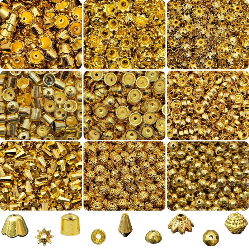 INDIKONB Gold Beads and Caps Combo Set | Golden Plated Beads for Jewellery, Aari Work, Rakhi, and Embroidery Making - Image 3