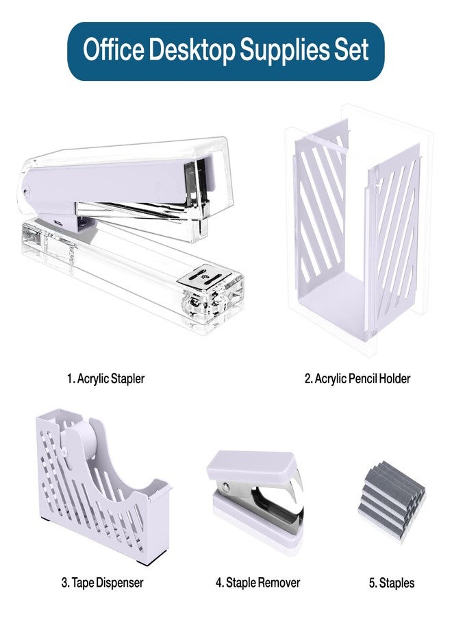 MEGREZ Desktop Staplers Kit, Acrylic Metal Stapler with 1000 PCS Staples, Office Supplies Set with Tape Dispenser, Staple Remover, Acrylic Pencil Holder for Office Staff, Purple - Image 3