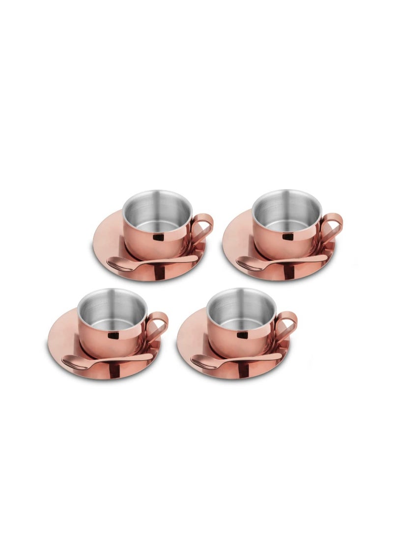Shri & Sam Stainless Steel with Rose Gold PVD Coating 4 Pieces First Impression Double Wall Cup and Saucer with coffee spoon Set - Image 1