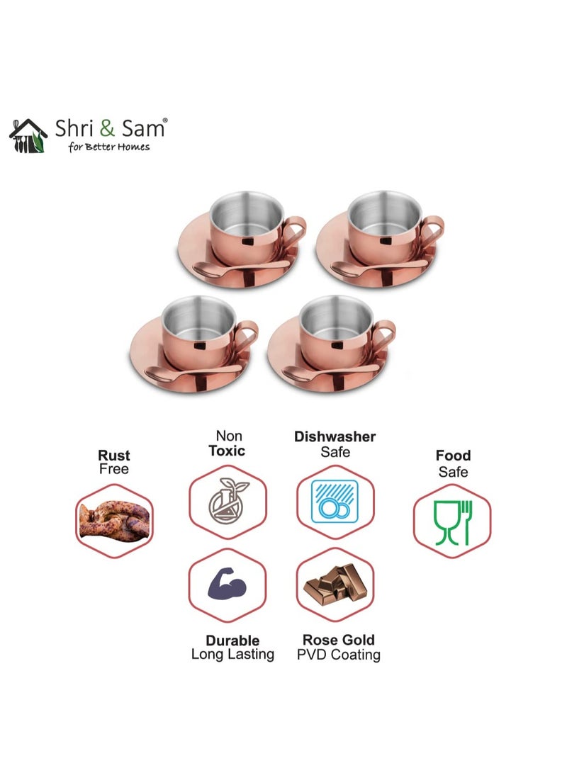 Shri & Sam Stainless Steel with Rose Gold PVD Coating 4 Pieces First Impression Double Wall Cup and Saucer with coffee spoon Set - Image 2