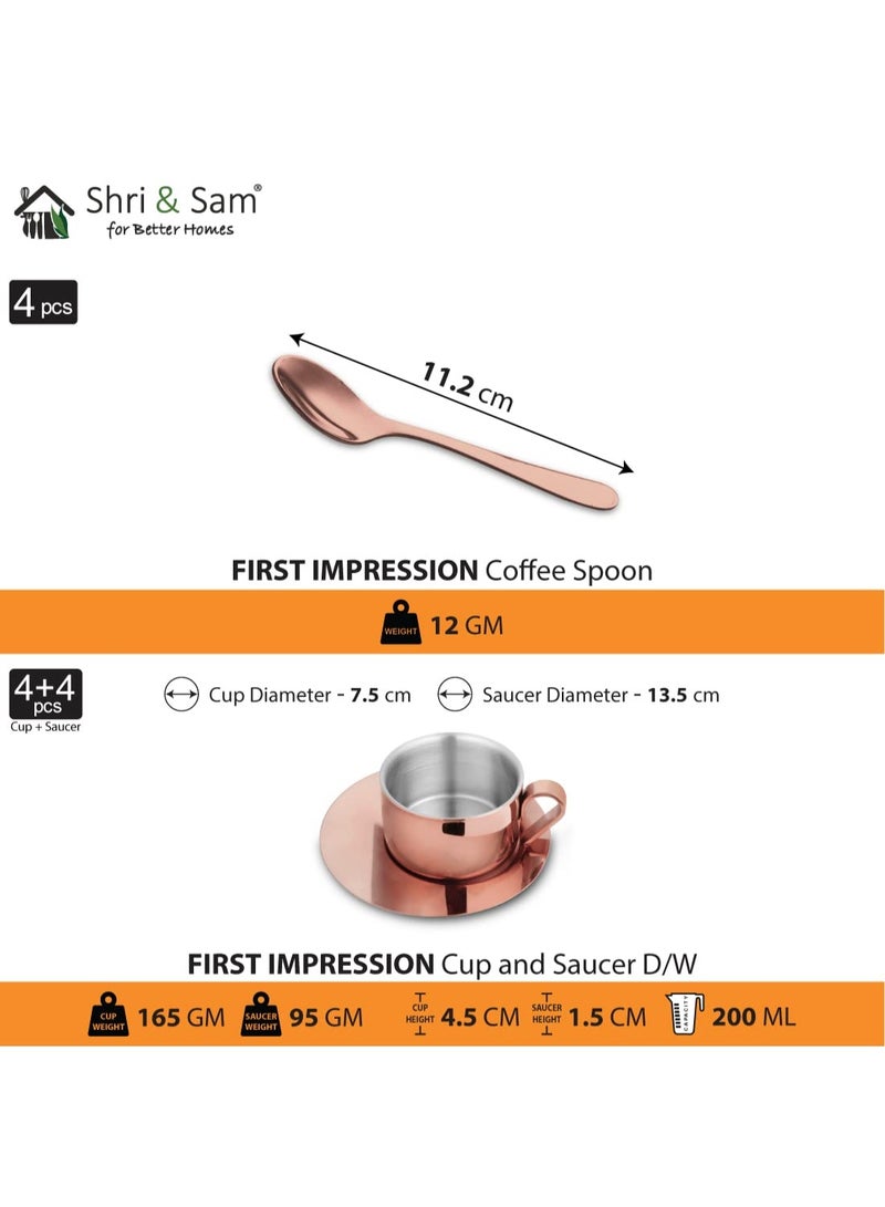 Shri & Sam Stainless Steel with Rose Gold PVD Coating 4 Pieces First Impression Double Wall Cup and Saucer with coffee spoon Set - Image 3