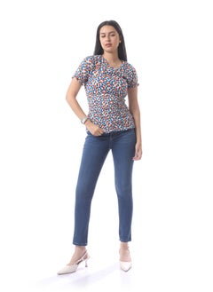 Ruffled Short Sleeves Top With Dotted Pattern - White, Blue & Red