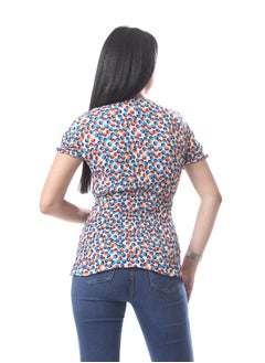 Andora Ruffled Short Sleeves Top With Dotted Pattern - White, Blue & Red  - Image 4