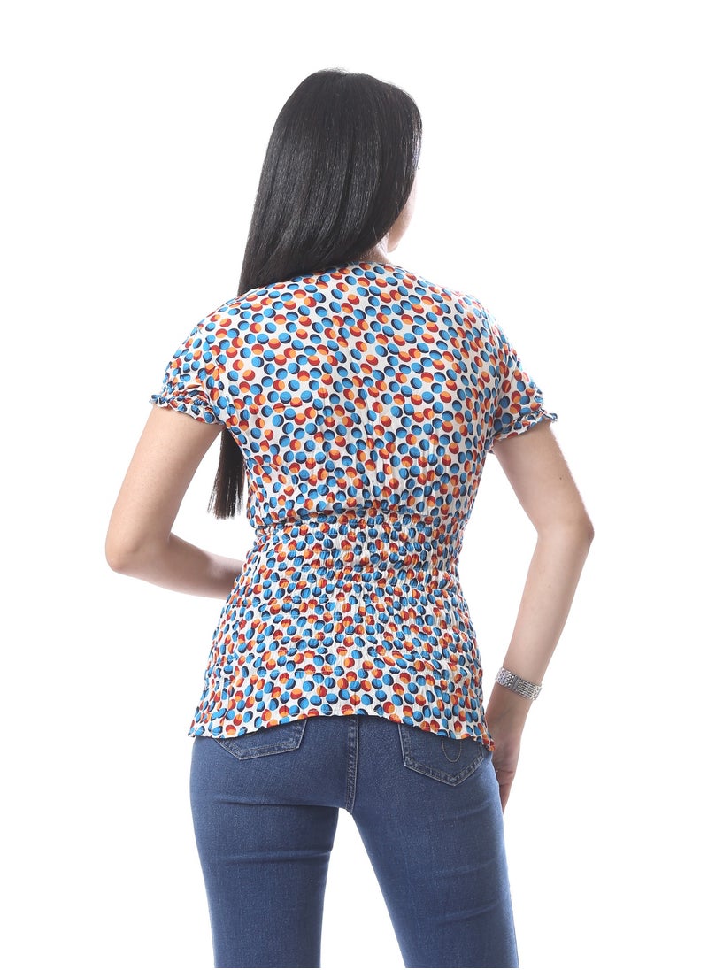 Andora - Ruffled Short Sleeves Top With Dotted Pattern - White, Blue & Red - Image 1