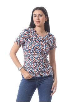 Andora Ruffled Short Sleeves Top With Dotted Pattern - White, Blue & Red  - Image 2