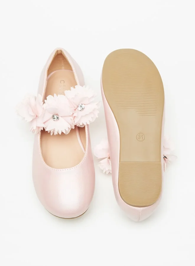Celeste Girls' Floral Accented Ballerina Shoes with Hook and Loop Closure
