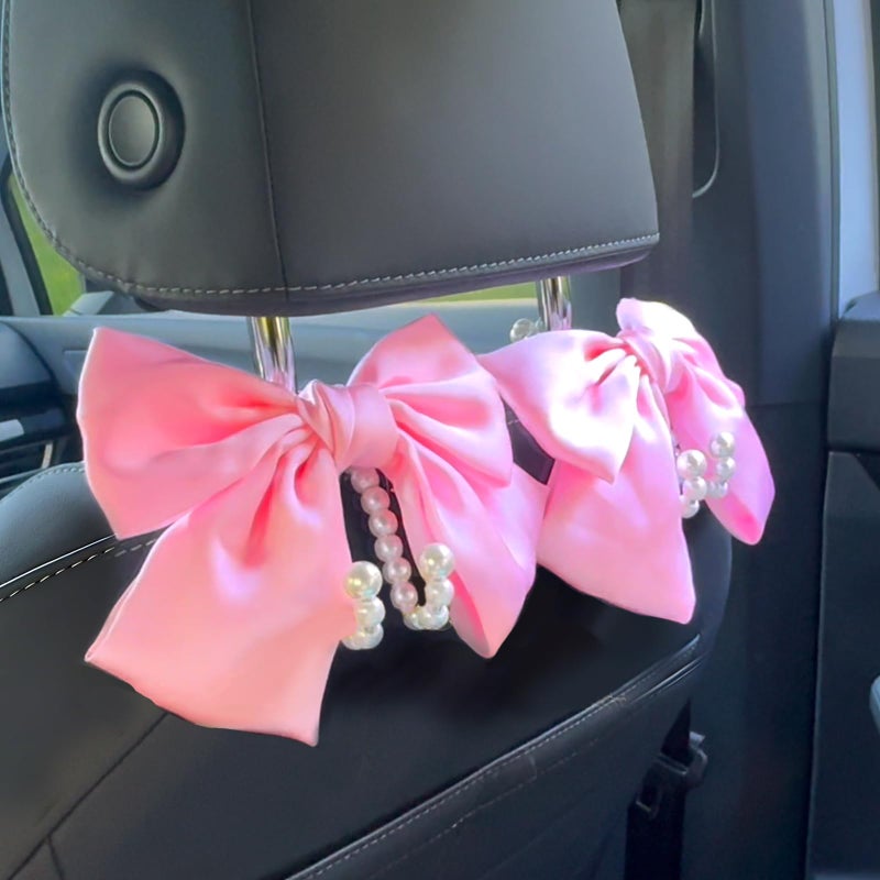Linsdala 2 PCS Bow Pearl Car Seat Headrest Hook â€“ Cute Purse Hook for Car, Girly Interior Decoration Accessories Hook Hanger, Seatback Holder for Purses & Bags, Elegant Car Organizer (Pink) - Image 1