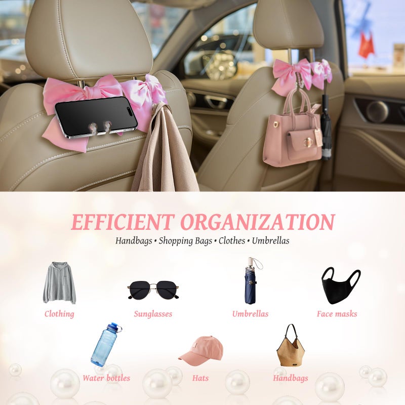 Linsdala 2 PCS Bow Pearl Car Seat Headrest Hook â€“ Cute Purse Hook for Car, Girly Interior Decoration Accessories Hook Hanger, Seatback Holder for Purses & Bags, Elegant Car Organizer (Pink) - Image 4