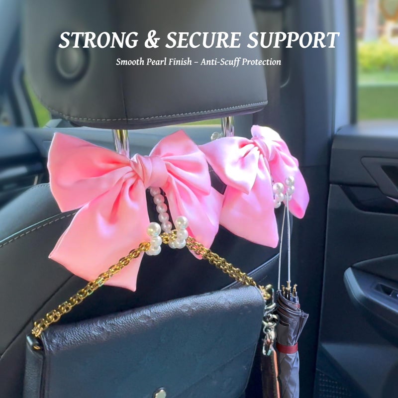 Linsdala 2 PCS Bow Pearl Car Seat Headrest Hook â€“ Cute Purse Hook for Car, Girly Interior Decoration Accessories Hook Hanger, Seatback Holder for Purses & Bags, Elegant Car Organizer (Pink) - Image 3