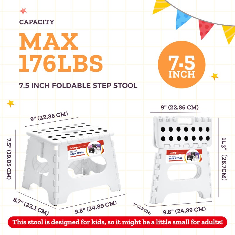 ACSTEP 7.5 Inch Folding Step Stool Foldable Stool Height Kids Step Stool, 176 lb Capacity Plastic Collapsible Stool, White Small Stepping Stools, Foot Stools Suitable for Kitchen - Image 4