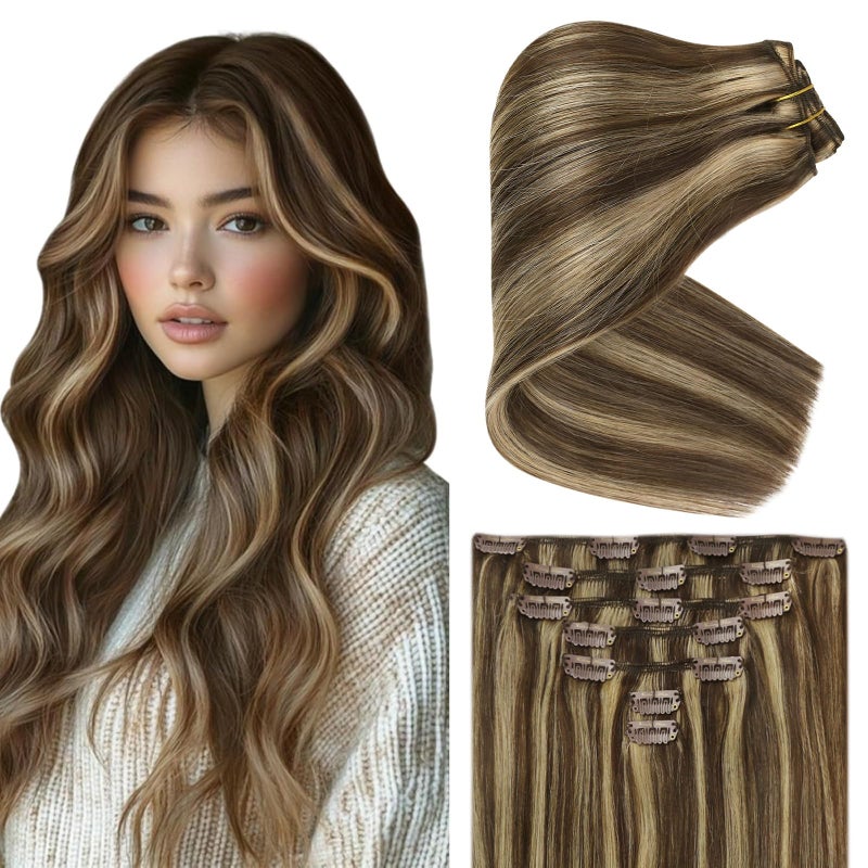 Ve Sunny Clip in Human Hair Extensions Comfortable Clip in Hair Extensions Highlights Human Hair Clip in Extensions Highlights Dark Brown with Caramel Brown for Thin Hair 100g 14inch 7pcs
