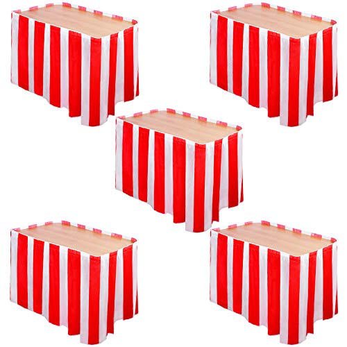 Elcoho 5 Pack Carnival Table Skirt 14 Feet x 29 Inch Red and White Striped Table Skirt Fits Rectangle or Round Tables Party Theme Tables for Circus Theme Party Decorations - Image 1