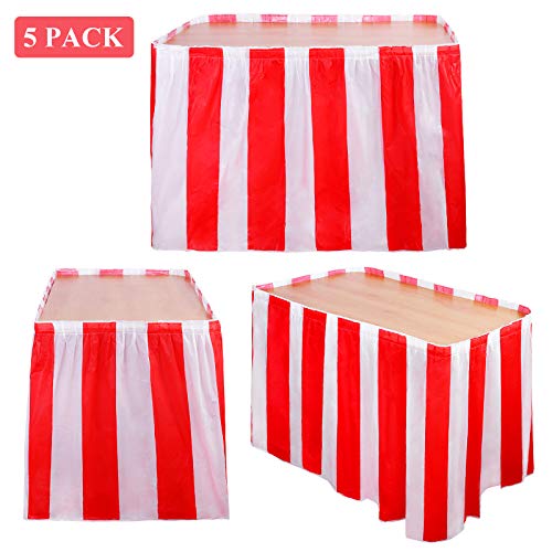 Elcoho 5 Pack Carnival Table Skirt 14 Feet x 29 Inch Red and White Striped Table Skirt Fits Rectangle or Round Tables Party Theme Tables for Circus Theme Party Decorations - Image 4
